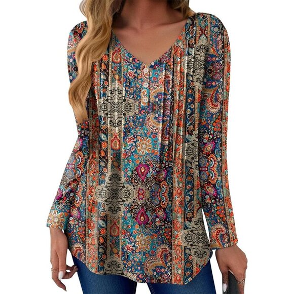 Tops - Women's V-Neck Long Sleeve Blouse Pleated Print Casual Tunic Stylish